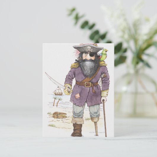 オウムをかぶった海賊のイラストレーション ポストカード (スタンド正面)