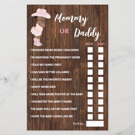 オウム女性のカーボーイママまたはパパは赤ちゃんシャワーのゲームカード チラシ (正面)