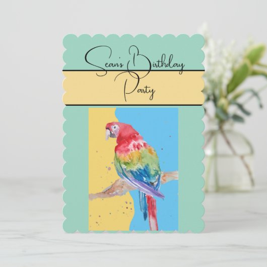 オウム水色ボーイズ誕生日パーティーの招待 招待状 (スタンド正面)