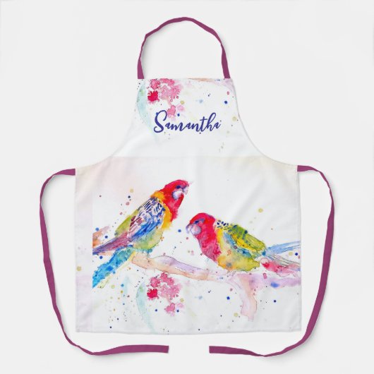 オウム絵を描アート水の色の赤カラフル青 エプロン (正面)