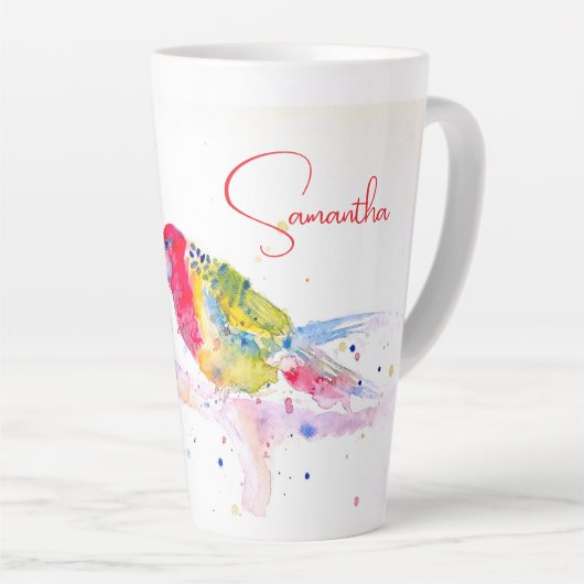 オウム絵を描アート水の色の赤カラフル青 カフェラテマグ (右アングル)