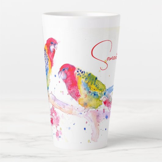 オウム絵を描アート水の色の赤カラフル青 カフェラテマグ (正面)