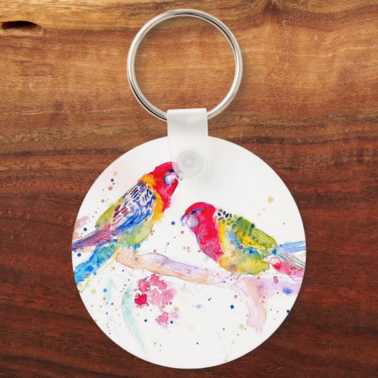 オウム絵を描アート水の色の赤カラフル青 キーホルダー (裏面)