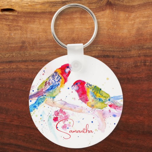オウム絵を描アート水の色の赤カラフル青 キーホルダー (正面)