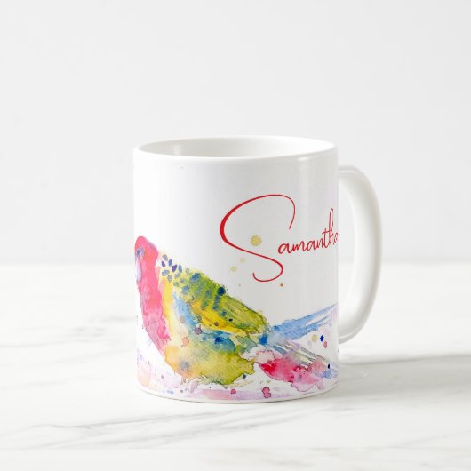 オウム絵を描アート水の色の赤カラフル青 コーヒーマグカップ (正面右)