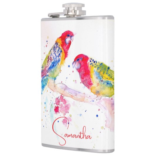 オウム絵を描アート水の色の赤カラフル青 フラスク (左)