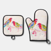 オウム絵を描アート水の色の赤カラフル青 鍋つかみ&鍋敷きセット (正面)