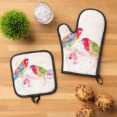 オウム絵を描アート水の色の赤カラフル青 鍋つかみ&鍋敷きセット (トップダウン)