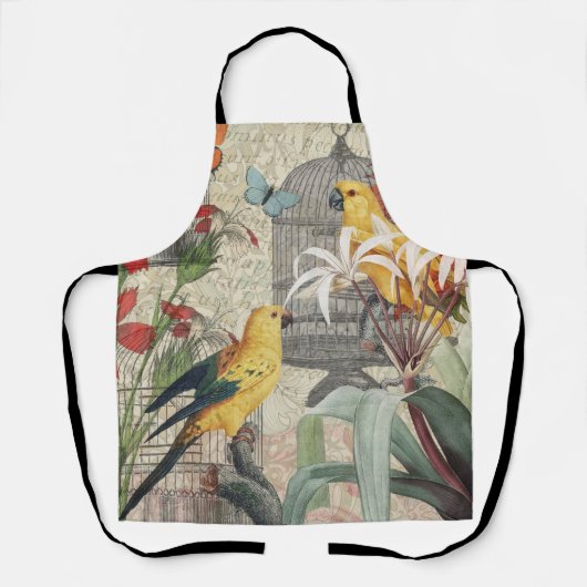 オウム黄熱帯アンティーク花 エプロン (正面)