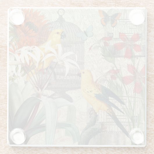 オウム黄熱帯アンティーク花 ガラスコースター (裏面)