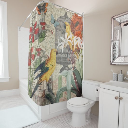 オウム黄熱帯アンティーク花 シャワーカーテン (インサイチュ)