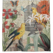 オウム黄熱帯アンティーク花 シャワーカーテン (正面)