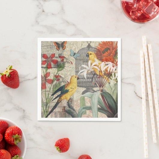 オウム黄熱帯アンティーク花 スタンダードカクテルナプキン (インサイチュ)