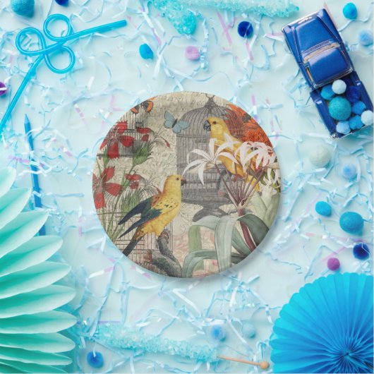 オウム黄熱帯アンティーク花 ペーパープレート (パーティー)