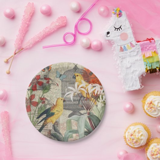 オウム黄熱帯アンティーク花 ペーパープレート (パーティー)