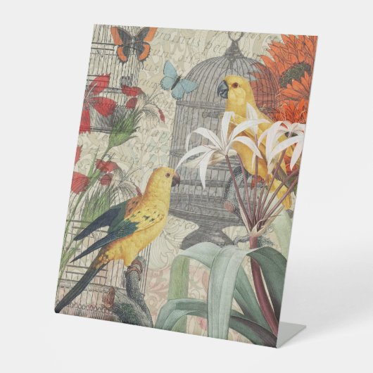 オウム黄熱帯アンティーク花 台座サイン (正面)