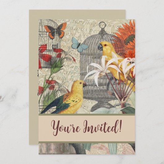 オウム黄熱帯アンティーク花 招待状 (正面/裏面)