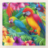 オウム3鳥熱帯フローラパームブルーパープル ガラスコースター (正面)