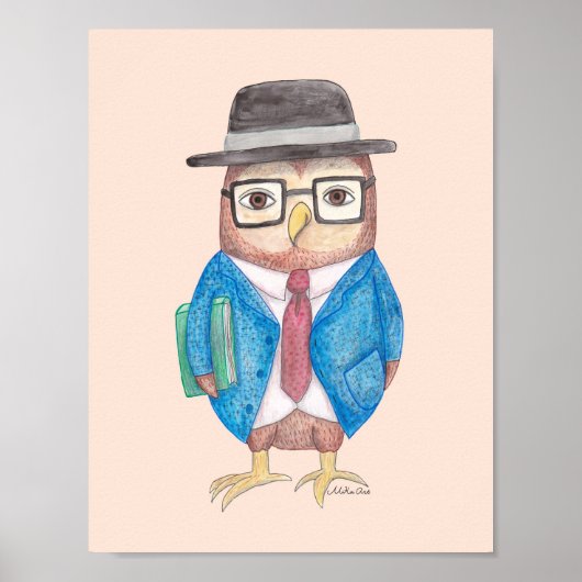 オウルポスター　本を持つ面白いフクロウ　動物壁飾り ポスター (正面)