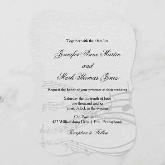 オエレガントフホワイトの音符とスタッフ結婚 招待状 (正面/裏面)