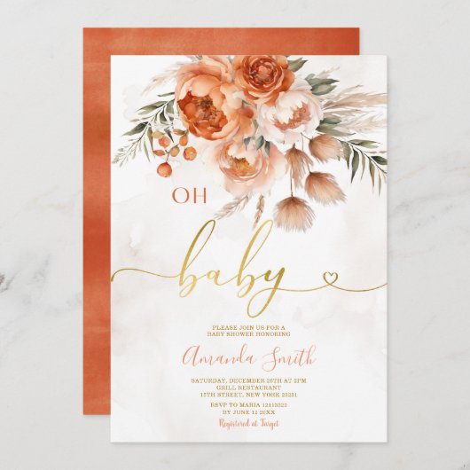 オエレガントベビー燃えたオレンジ色の花ベビーシャワー 招待状 (正面/裏面)