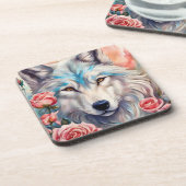 オオオカミの頭ピンクのバラの動物の絵を描野生動物 コースター (左側)