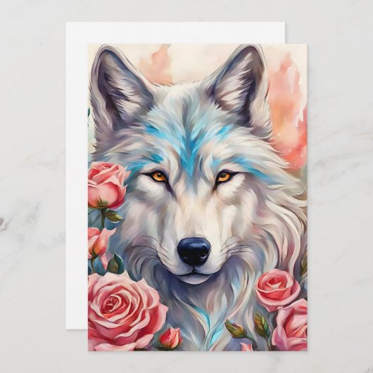 オオオカミの頭ピンクのバラの動物の絵を描野生動物 シーズンカード (正面/裏面)