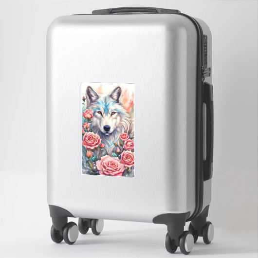 オオオカミの頭ピンクのバラの動物の絵を描野生動物 シール (スーツケース)