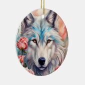 オオオカミの頭ピンクのバラの動物の絵を描野生動物 セラミックオーナメント (右)