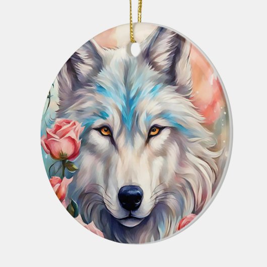 オオオカミの頭ピンクのバラの動物の絵を描野生動物 セラミックオーナメント (左)
