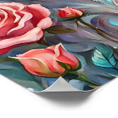 オオオカミの頭ピンクのバラの動物の絵を描野生動物 ポスター (角)