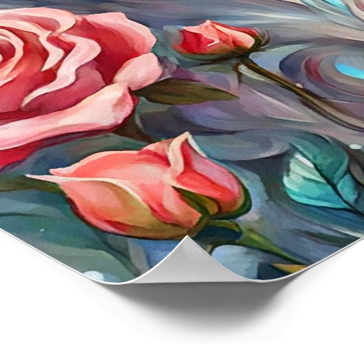 オオオカミの頭ピンクのバラの動物の絵を描野生動物 ポスター (角)