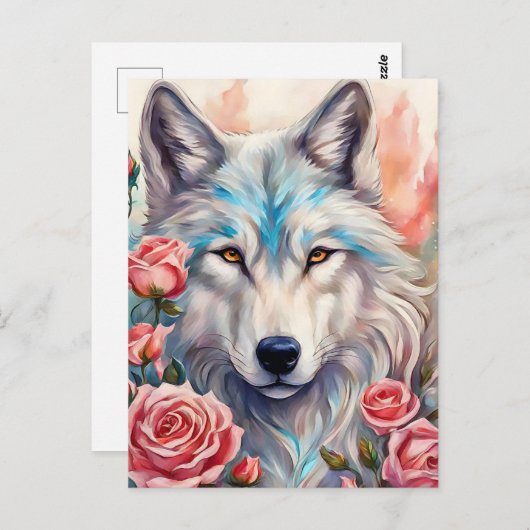 オオオカミの頭ピンクのバラの動物の絵を描野生動物 ポストカード (正面/裏面)