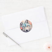 オオオカミの頭ピンクのバラの動物の絵を描野生動物 ラウンドシール (封筒)