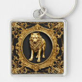 オオオカミの黒と金ゴールド装飾枠 キーホルダー (正面)