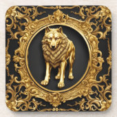 オオオカミの黒と金ゴールド装飾枠 コースター (正面)