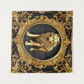 オオオカミの黒と金ゴールド装飾枠 タペストリー (正面(横))