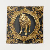 オオオカミの黒と金ゴールド装飾枠 タペストリー (正面)