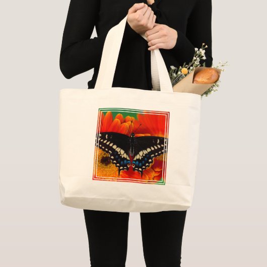 オオカゲロウチョウが咲くガーベラの花 ラージトートバッグ (正面(商品))