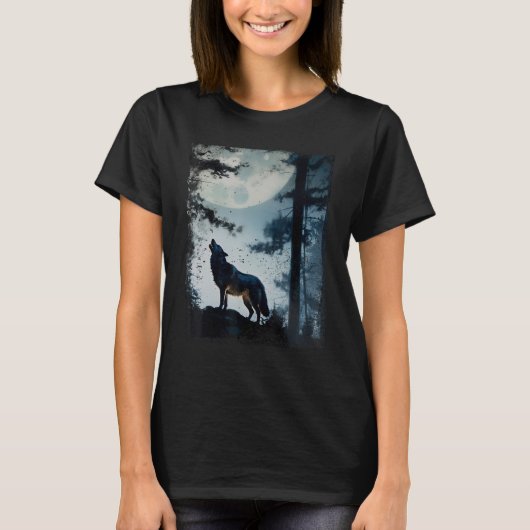 オオカミが夜に満月で泣く Tシャツ (正面)