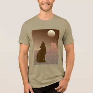 オオカミが月でブラウンとタンでハウリング トライブレンドTシャツ