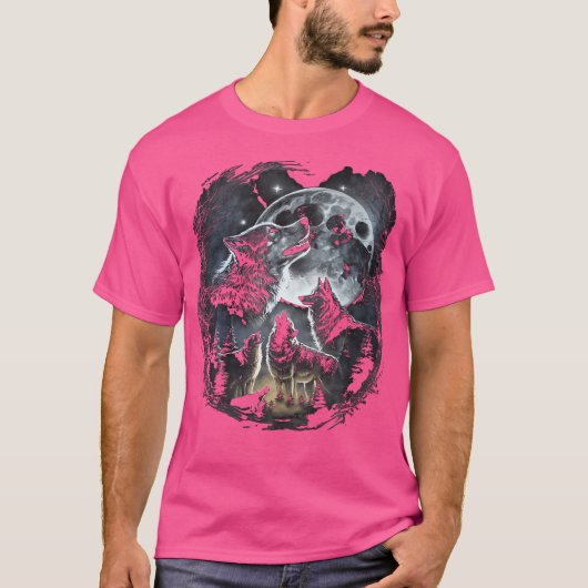 オオカミが月の狼の野生動物でハウリング Tシャツ (正面)