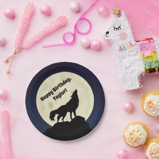 オオカミが月の真夜中の青でハウリング ペーパープレート (パーティー)