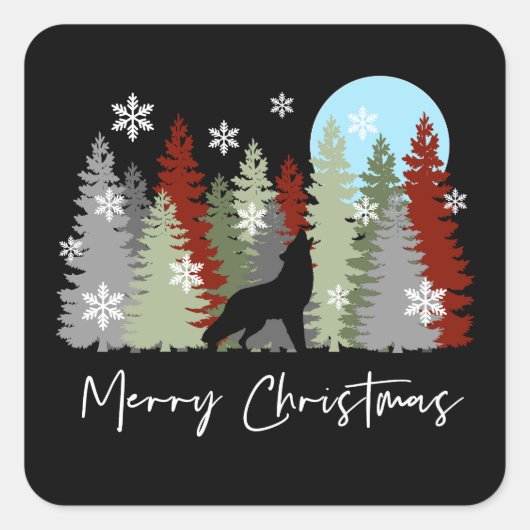 オオカミが森の中で陽気なクリスマスの木々の中で泣いている スクエアシール (正面)