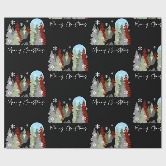 オオカミが森の中で陽気なクリスマスの木々の中で泣いている ラッピングペーパー (フラット)