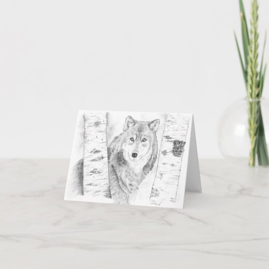 オオカミが樺の木の木々を覗き込む カード (正面)