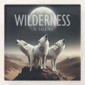 オオカミが満月の荒野で遠吠えしている ガラスコースター (正面)