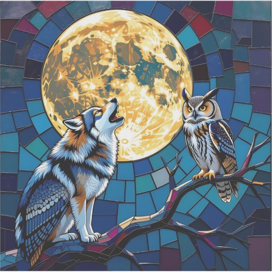 オオカミとフクロウのモザイクアート シール (正面)