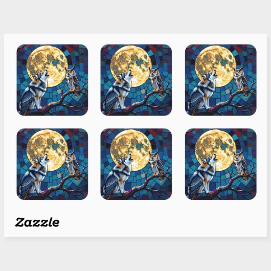 オオカミとフクロウのモザイクアート スクエアシール (シート)