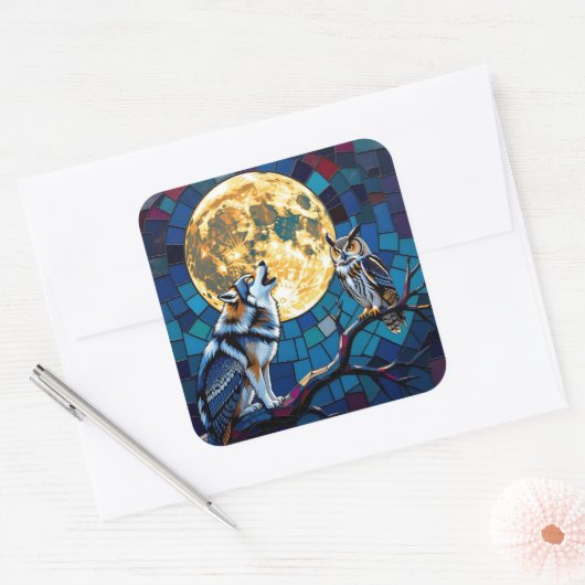 オオカミとフクロウのモザイクアート スクエアシール (封筒)